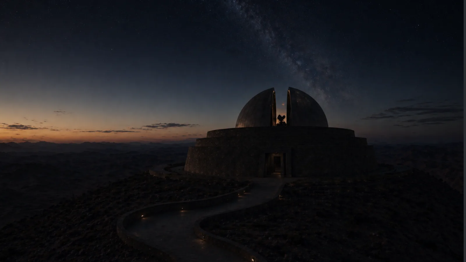 Observatoire conceptuel NAARA sous un ciel étoilé naturellement sombre